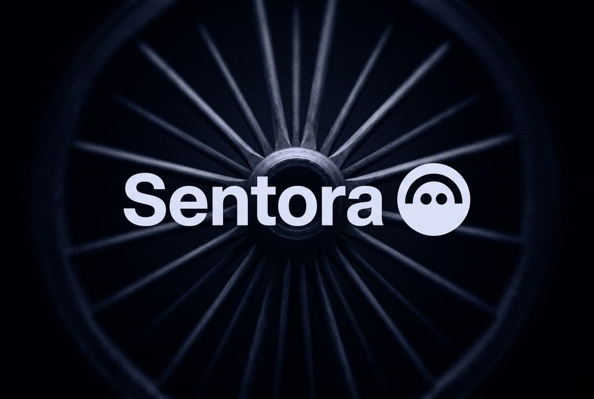 The name Sentora beside the Aave logo in pale blue letters, set over the blurred hub and spokes of a large wheel on a dark navy background.