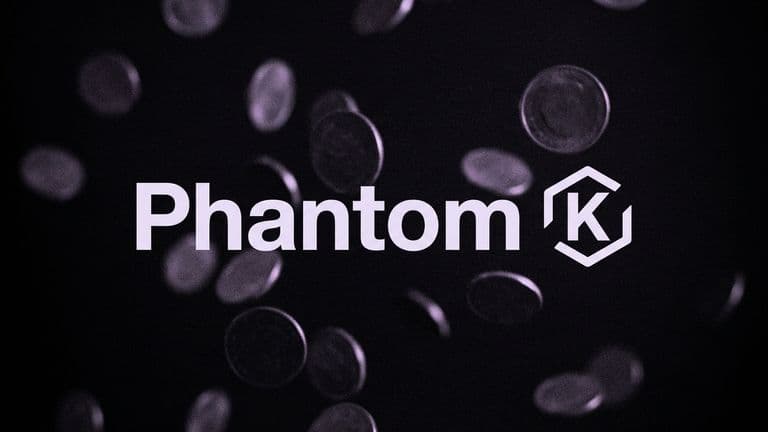 The word Phantom and the Kalshi logo side by side in pale violet, over a dark background of blurred coins hanging in mid-air.