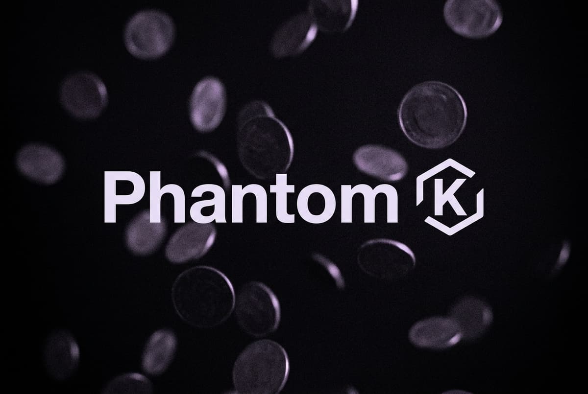 The word Phantom and the Kalshi logo side by side in pale violet, over a dark background of blurred coins hanging in mid-air.