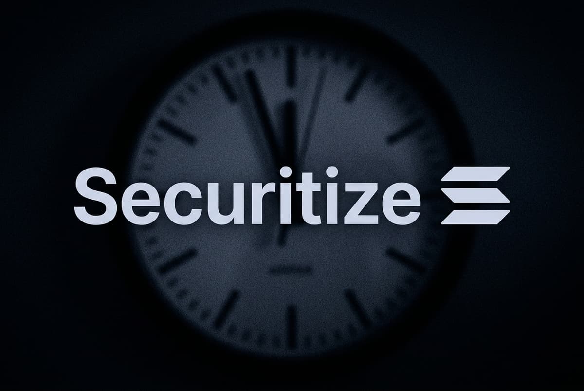 The name Securitize beside the Solana logo in pale navy letters, set over a blurred clock face with its hands near midnight on a dark background.