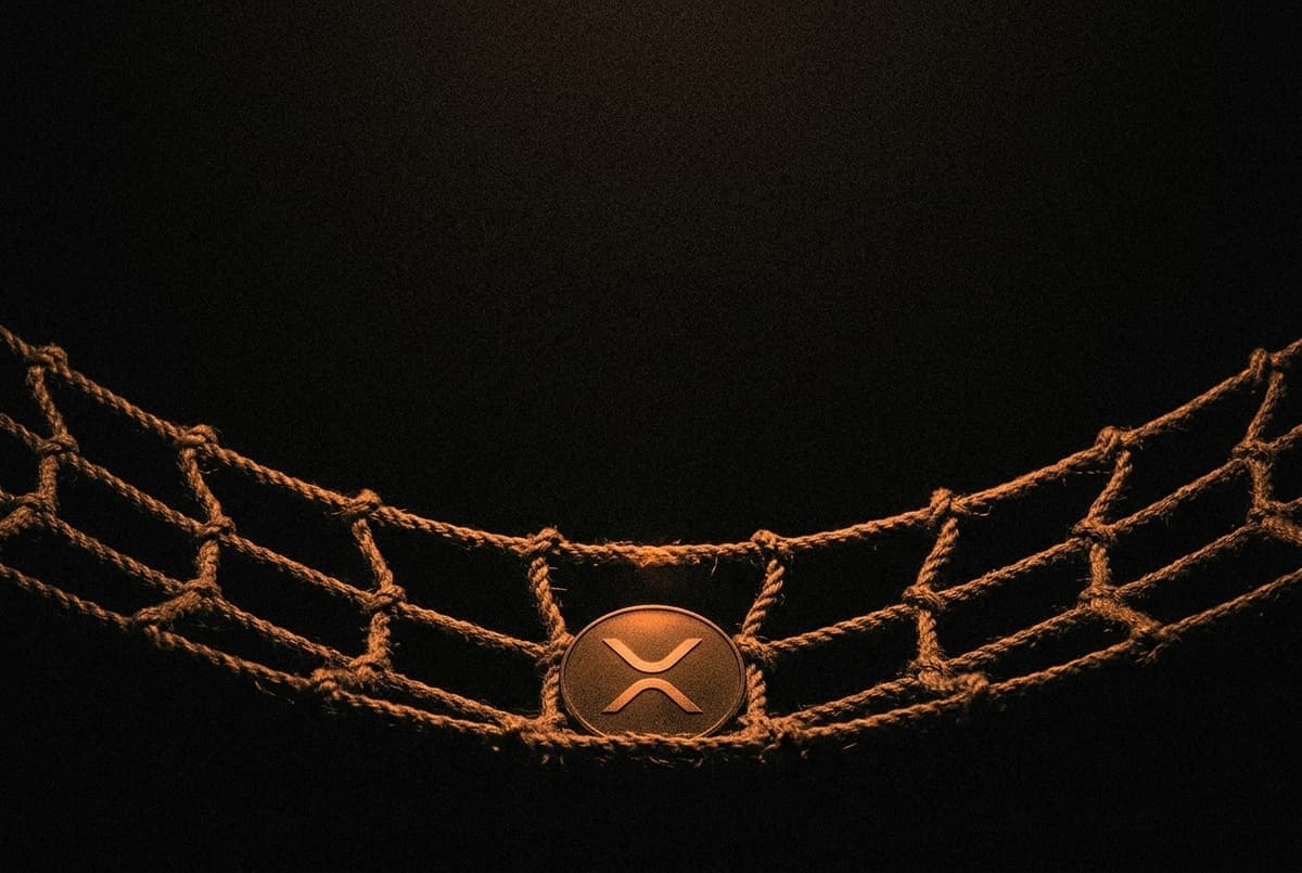 A coin with the XRP mark lies in the sagging centre of a rope safety net stretched over a dark drop.