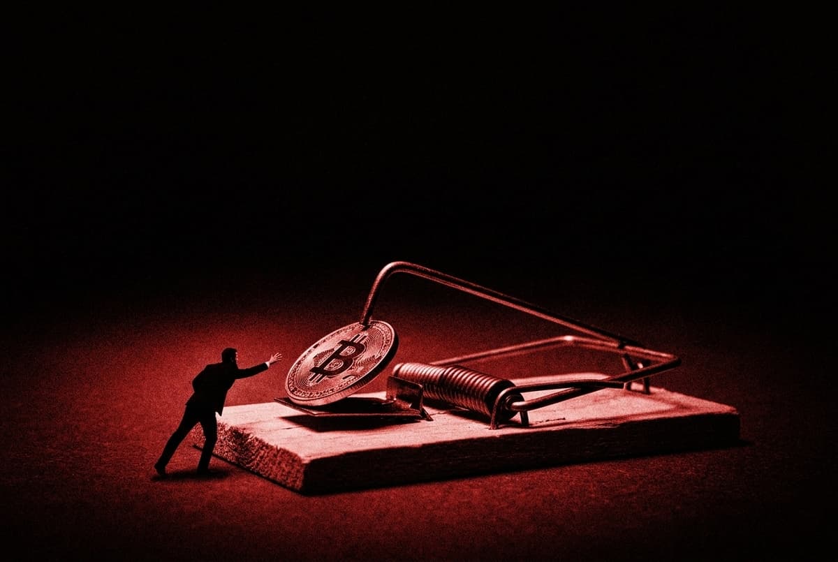 A small figure reaches for a coin with the Bitcoin mark set as bait on a giant mousetrap whose bar is snapping shut.