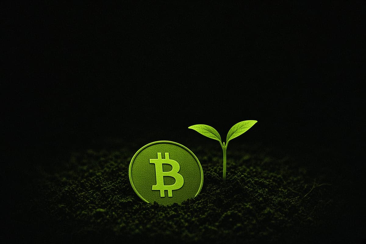 A small green seedling with two leaves sprouts from dark soil beside a half-buried coin bearing the Bitcoin mark, against a black background.