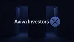 The name Aviva Investors and a coin bearing the XRP mark, side by side in front of two identical blurred doorways in navy darkness.
