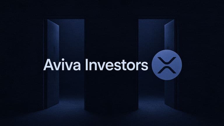 The name Aviva Investors and a coin bearing the XRP mark, side by side in front of two identical blurred doorways in navy darkness.