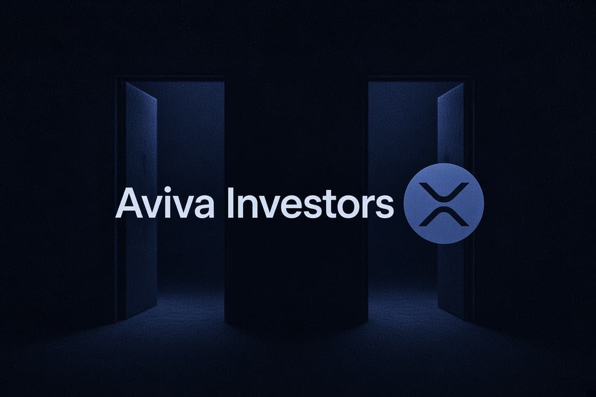 The name Aviva Investors and a coin bearing the XRP mark, side by side in front of two identical blurred doorways in navy darkness.