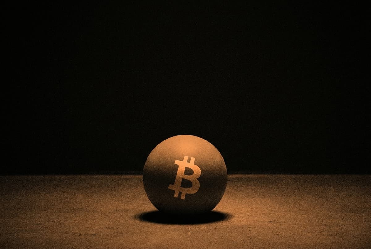 A ball bearing the Bitcoin mark, caught at the moment it strikes a hard floor in a dark empty space.