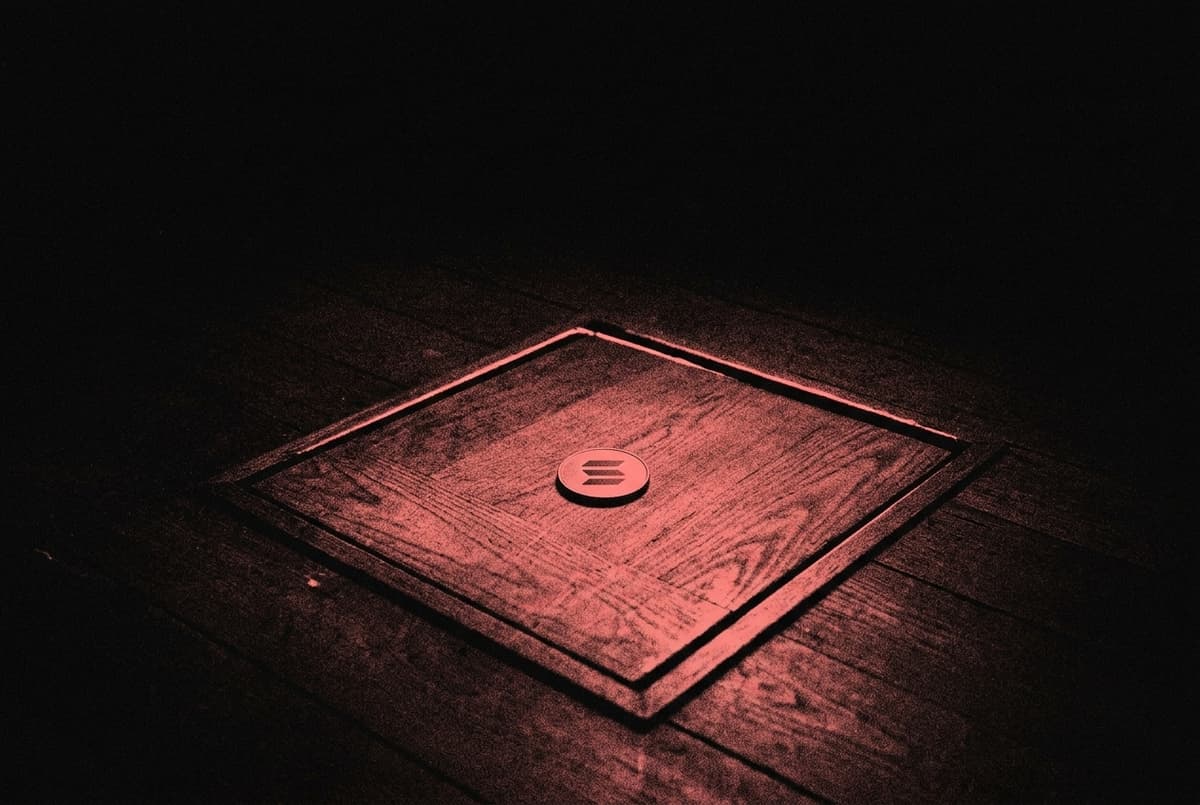 A coin with the Solana mark rests on a closed wooden trapdoor in a dark floor, a thin line of pink light glowing around the hatch edges.