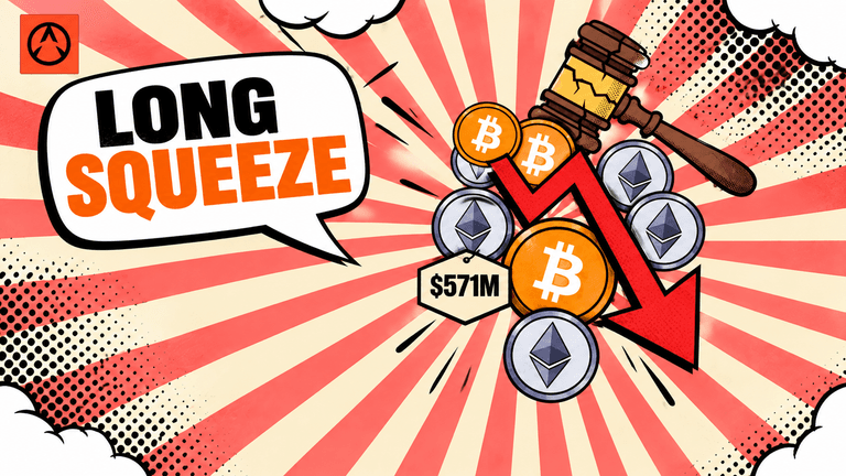 Bitcoin and Ethereum coins tumbling downward with a red arrow