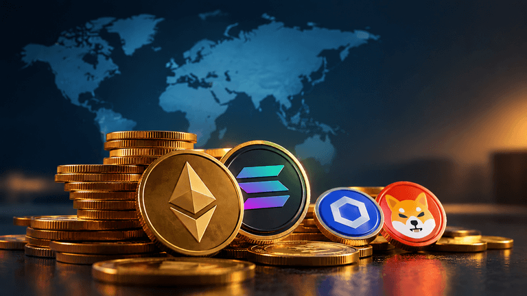 Crypto market update showing Solana, Chainlink and Shiba Inu price moves