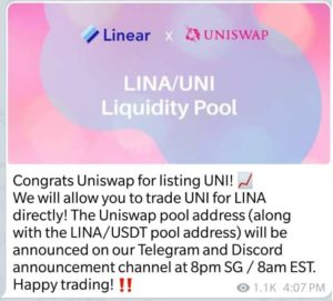 LINA UNI liquidity pool