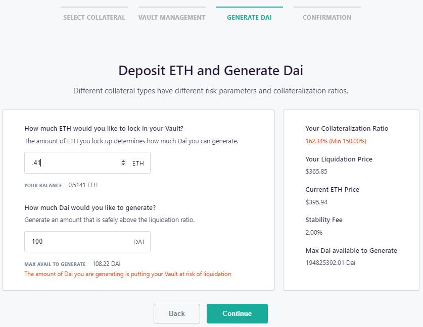 Depositing collateral to generate DAI.