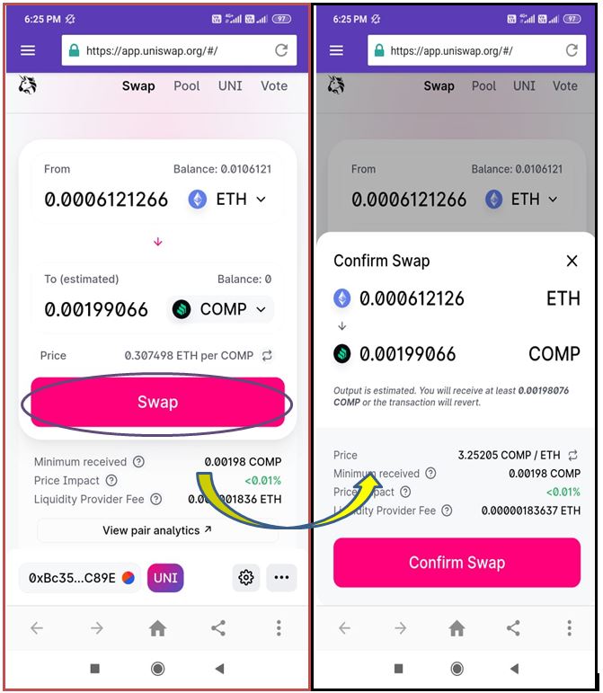 Swapping tokens on Uniswap in the Enjin wallet.